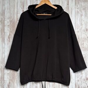 Rachel Zoe Women's Black Scuba Hoodie sz 1X Drawstring Hem 3/4 Sleeve Soft Sweat